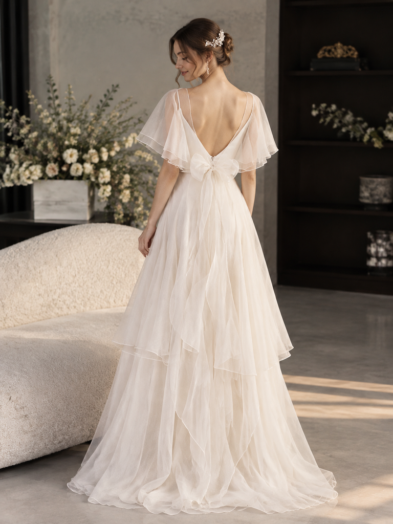 Modern White V Neck Flutter Sleeves Tiered Layered Chiffon Wedding Dresses,WD0674