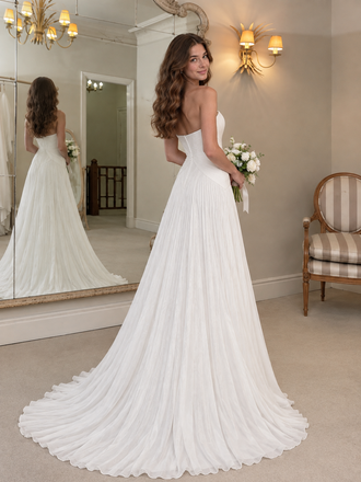 Unique Strapless Ruched Pleated Chiffon White Wedding Dresses With Chapel Train,WD0655