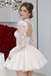 Modern White Lace High Neck Corset Long Sleeve Short Wedding Dresses,WD0659