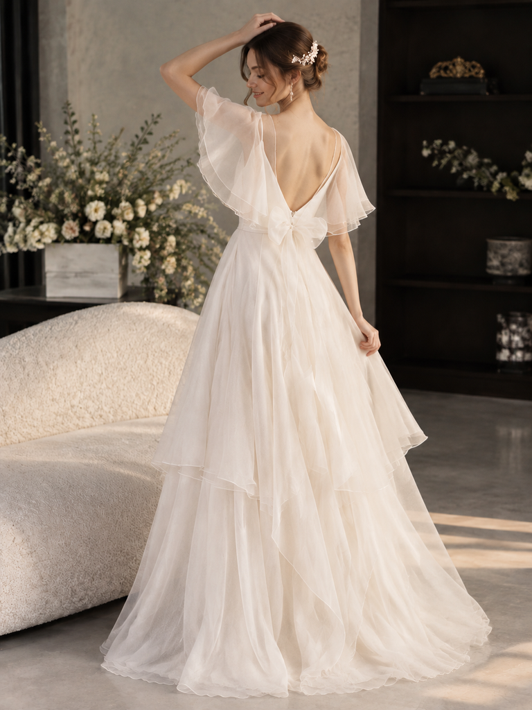 Modern White V Neck Flutter Sleeves Tiered Layered Chiffon Wedding Dresses,WD0674