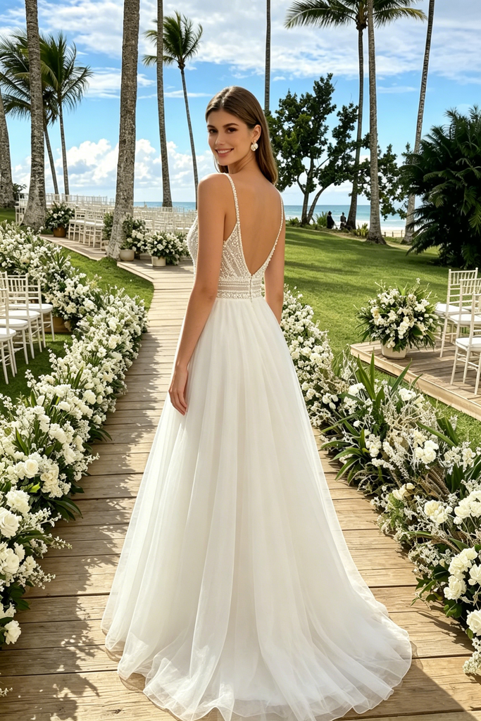 Modern V Neck Spaghetti Strap A-Line Wedding Dresses with Embroidery Lace Tulle,WD0596