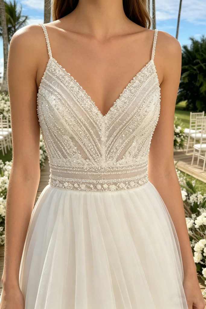 Modern V Neck Spaghetti Strap A-Line Wedding Dresses with Embroidery Lace Tulle,WD0596