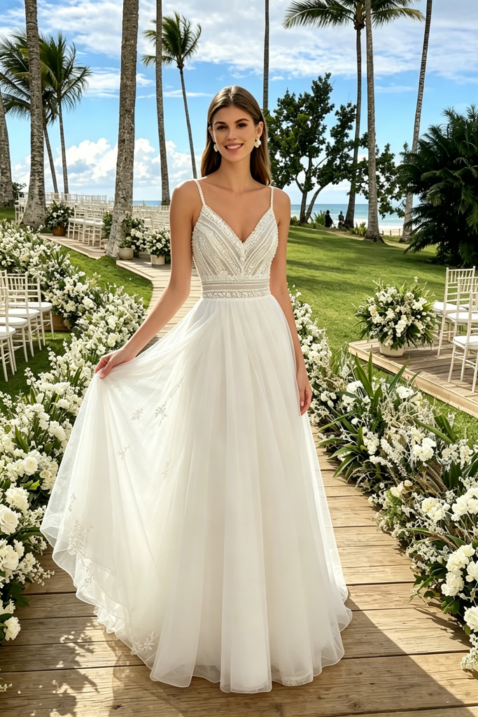 Modern V Neck Spaghetti Strap A-Line Wedding Dresses with Embroidery Lace Tulle,WD0596
