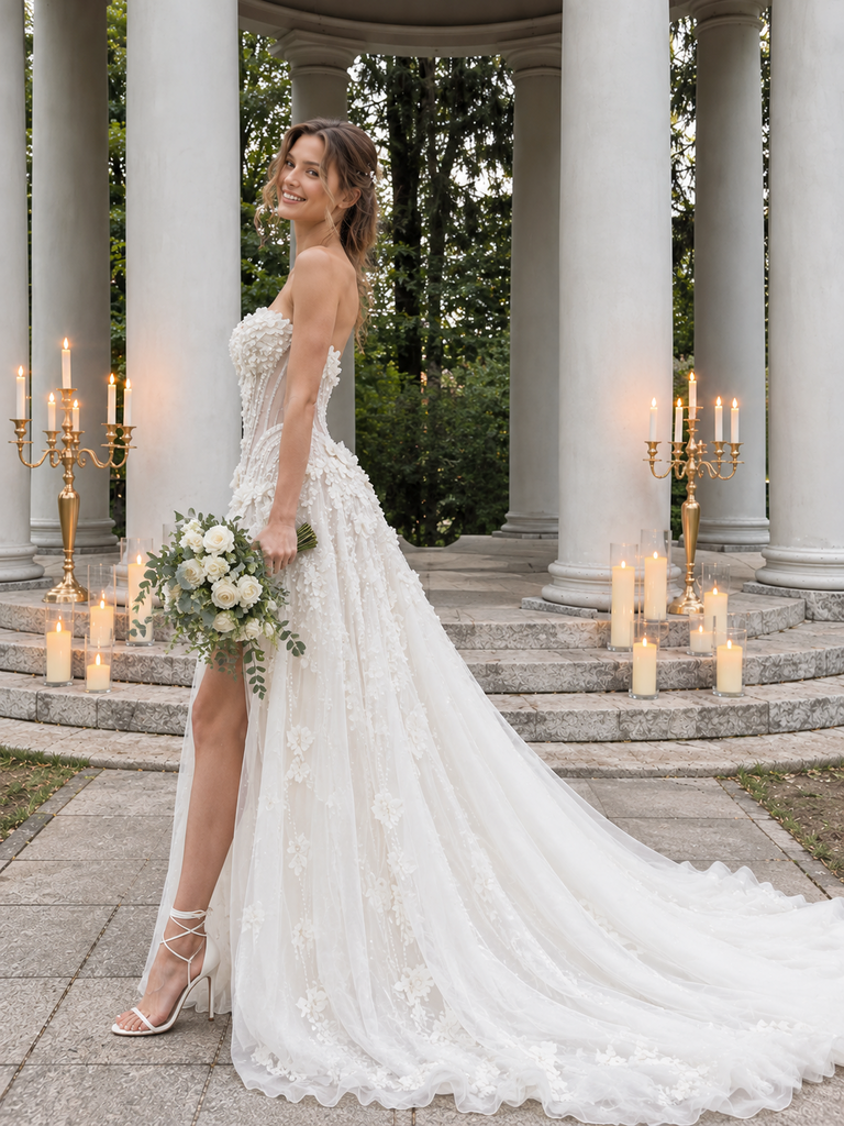 Stunning Sweetheart High Slit A Line Wedding Dresses Tulle 3D Floral Modern ,WD0665