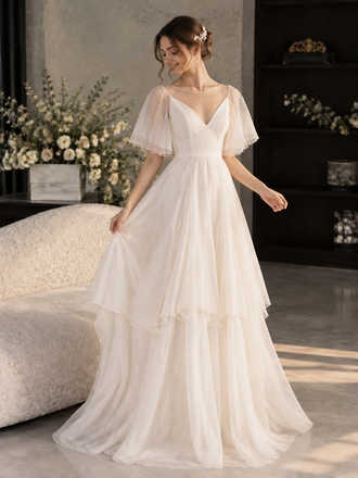 Modern White V Neck Flutter Sleeves Tiered Layered Chiffon Wedding Dresses,WD0674