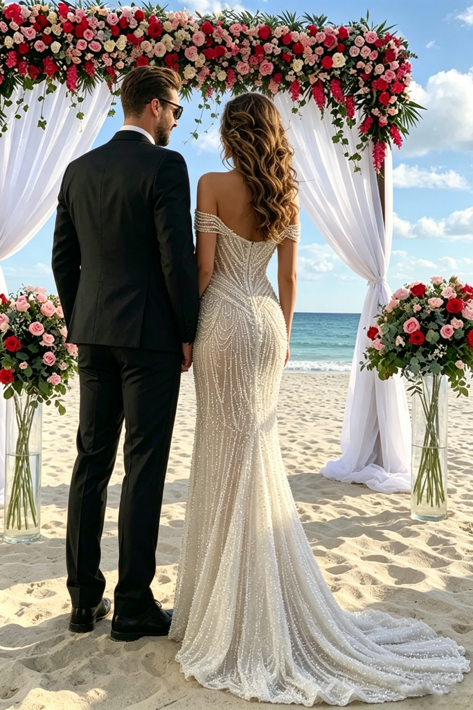 Unique Pearl Beaded Bridal Dress Off-Shoulder High Slit Luxury Wedding Dresses,WD0592