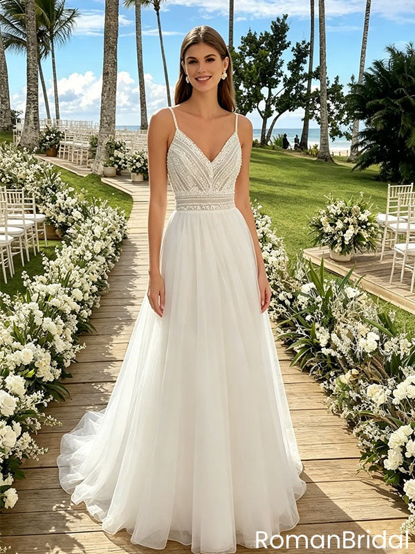 Modern V Neck Spaghetti Strap A-Line Wedding Dresses with Embroidery Lace Tulle,WD0596