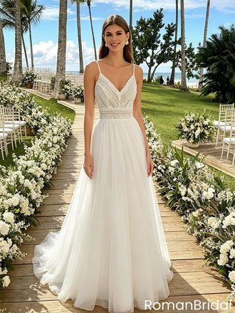 Modern V Neck Spaghetti Strap A-Line Wedding Dresses with Embroidery Lace Tulle,WD0596