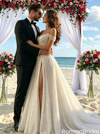 Unique Pearl Beaded Bridal Dress Off-Shoulder High Slit Luxury Wedding Dresses,WD0592