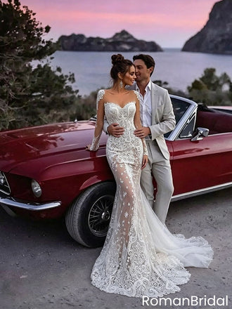 Sexy Mermaid Lace Wedding Dresses Long Sleeve Illusion Back Sheer Bridal Gown Maxi,WD0599