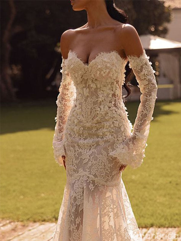 Sexy White Sweetheart Long-Sleeve Mermaid Long Wedding Dresses With Sweep Trailing,WD0568