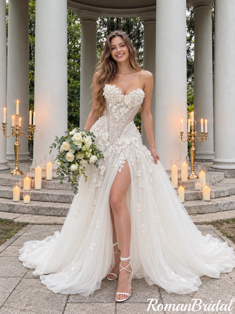 Stunning Sweetheart High Slit A Line Wedding Dresses Tulle 3D Floral Modern ,WD0665