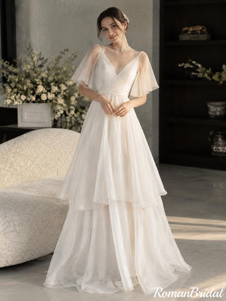 Modern White V Neck Flutter Sleeves Tiered Layered Chiffon Wedding Dresses,WD0674