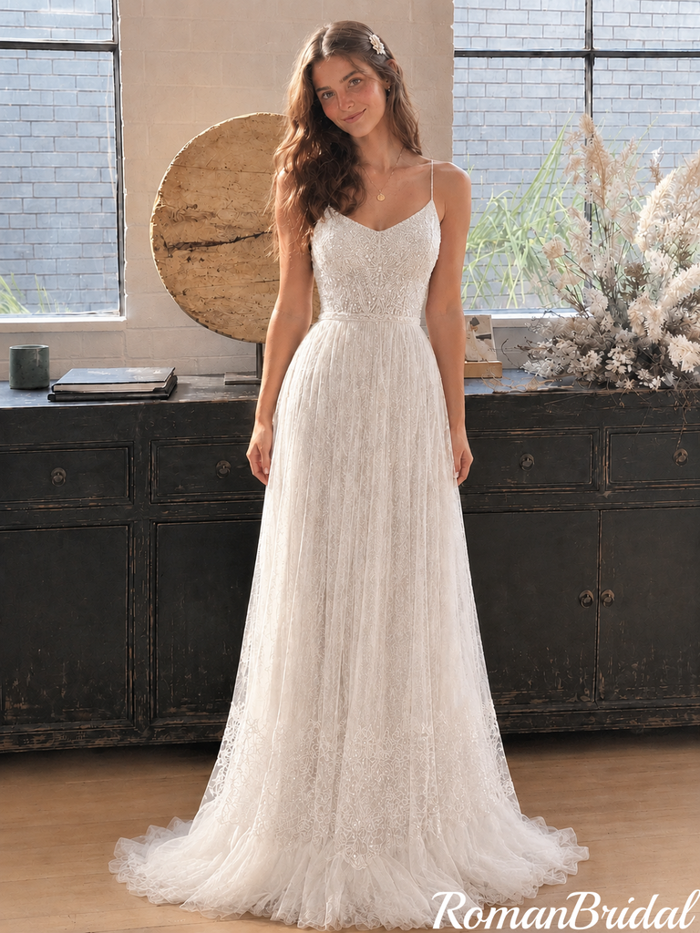 Pretty White Glitter Tulle Long Wedding Dresses V-Neck Spaghetti Strap A-Line Gown,WD0662