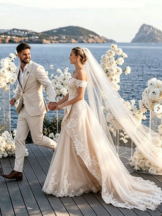 Romantic Lace Wedding Dresses Off-Shoulder Tiered Skirt Cathedral Train Dress,WD0593