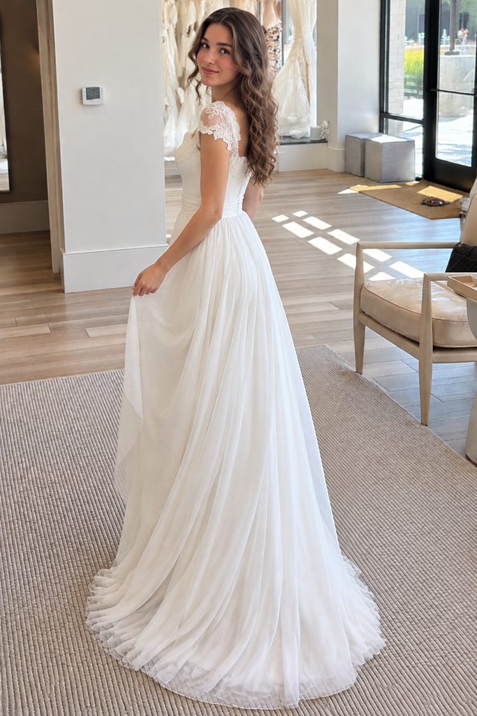 Chic Ivory Lace Cap Sleeves Ruched A Line Chiffon Wedding Dresses,WD0675