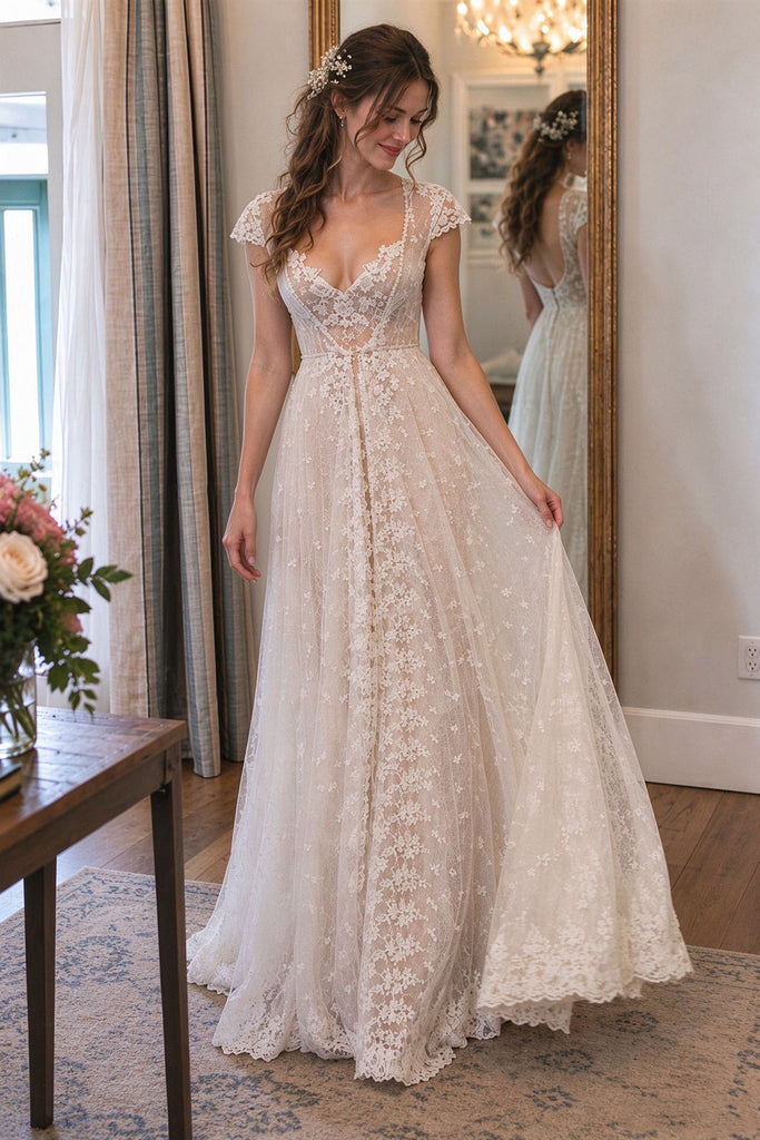 Sexy Breathtaking V-Neck Cap Sleeve Lace Wedding Dresses,WD0669