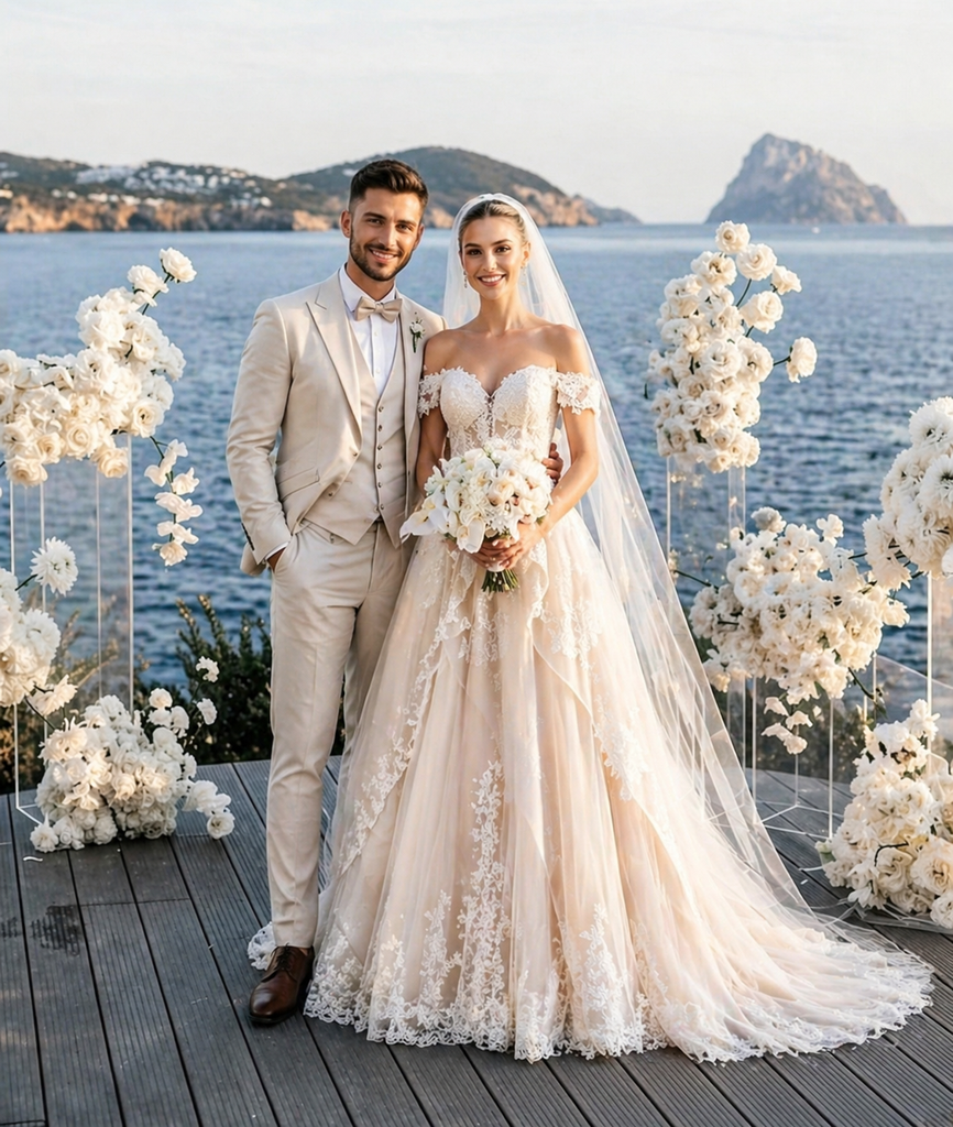 Romantic Lace Wedding Dresses Off-Shoulder Tiered Skirt Cathedral Train Dress,WD0593