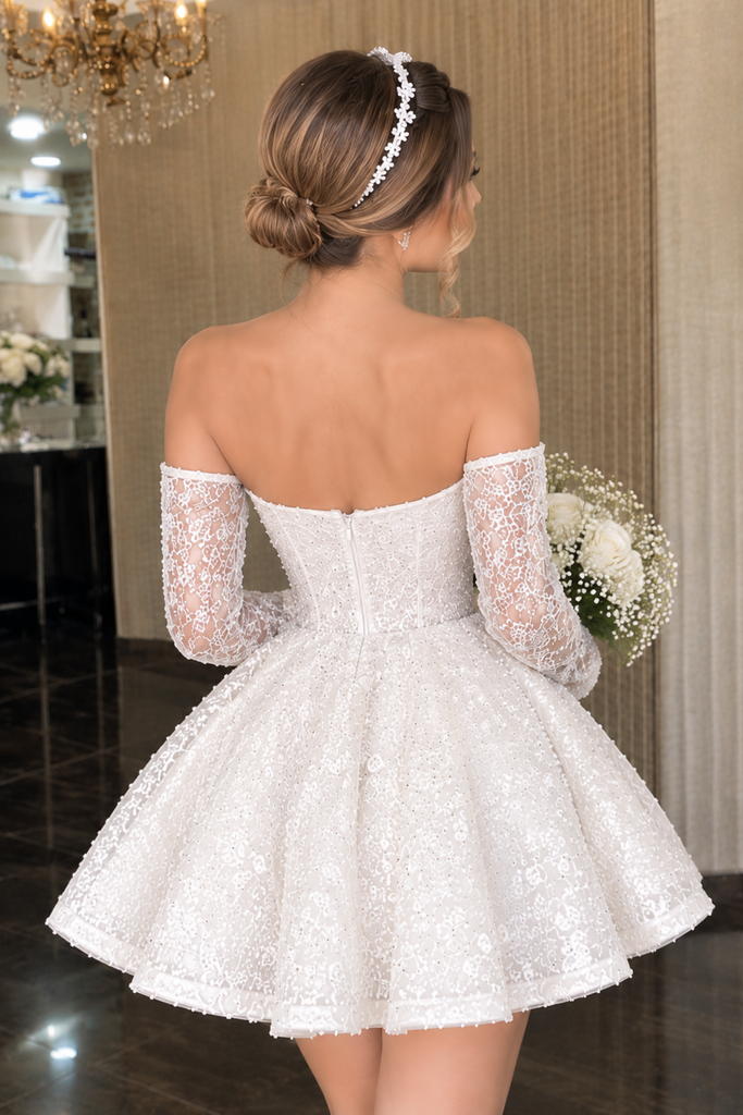 Beautiful Off-The-Shoulder Long Sleeve Lace Short Wedding Dresses,WD0650