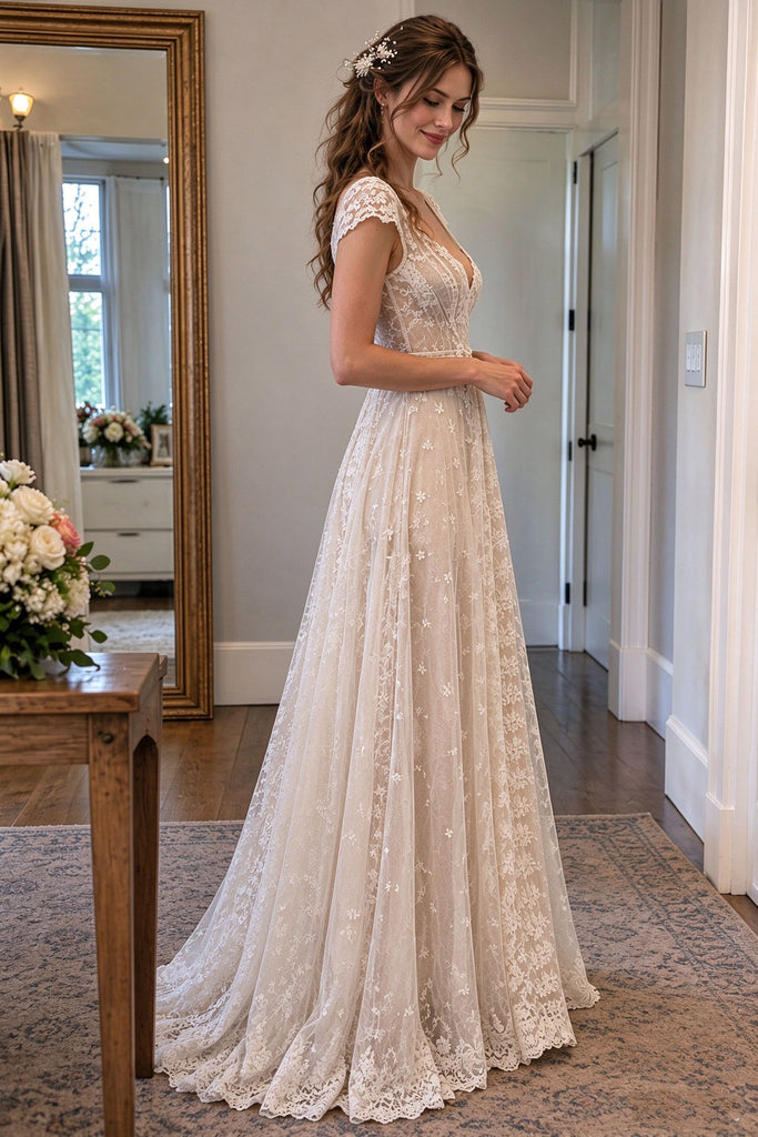 Sexy Breathtaking V-Neck Cap Sleeve Lace Wedding Dresses,WD0669