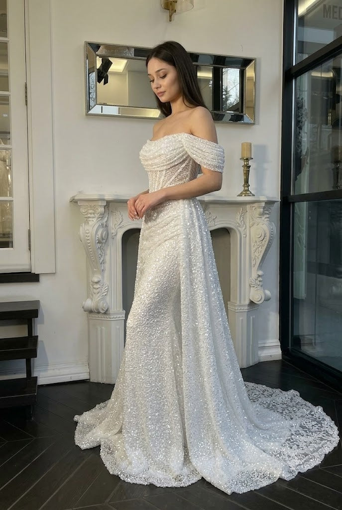 Elegant Off-the-Shoulder Sequin Mermaid Wedding Dresses with Detachable Train,WD0615