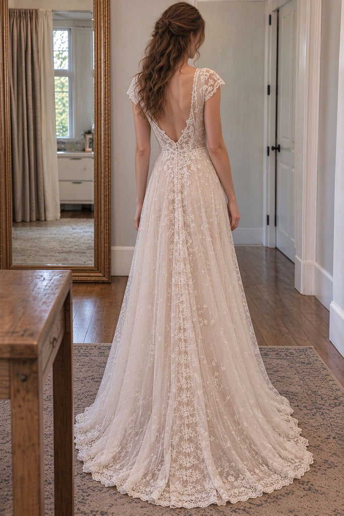 Sexy Breathtaking V-Neck Cap Sleeve Lace Wedding Dresses,WD0669
