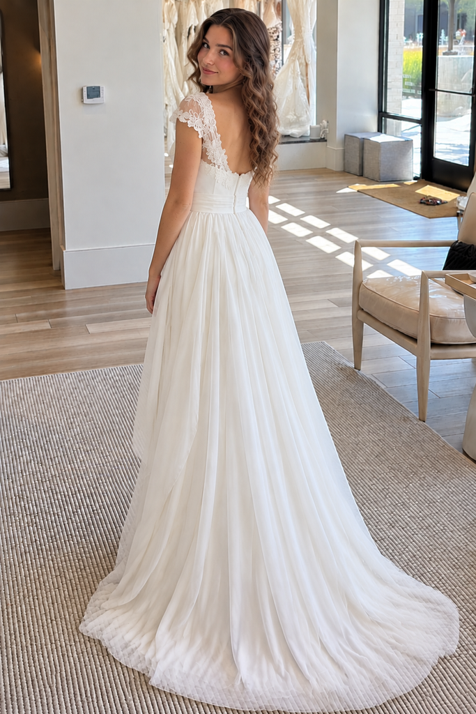 Chic Ivory Lace Cap Sleeves Ruched A Line Chiffon Wedding Dresses,WD0675