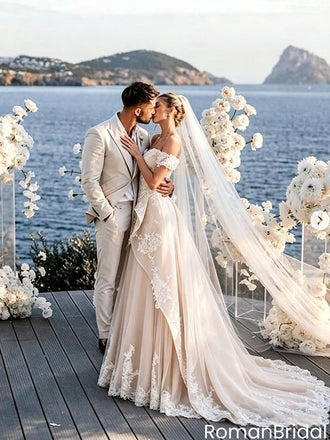 Romantic Lace Wedding Dresses Off-Shoulder Tiered Skirt Cathedral Train Dress,WD0593