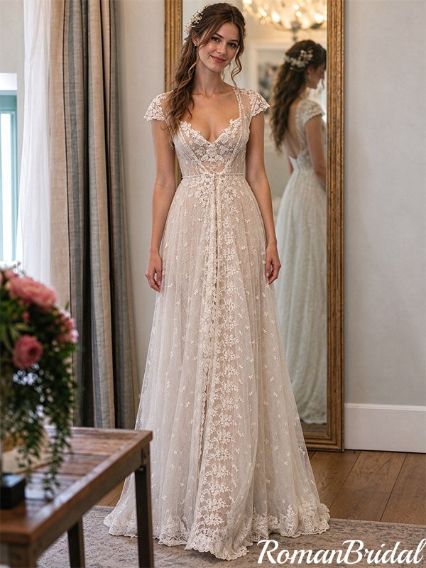 Sexy Breathtaking V-Neck Cap Sleeve Lace Wedding Dresses,WD0669