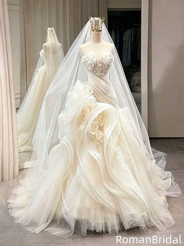 Fancy Unique Ivory Wedding Dresses Mermaid Silhouette Tulle Ruffles Classy Bridal,WD0612
