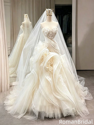 Fancy Unique Ivory Wedding Dresses Mermaid Silhouette Tulle Ruffles Classy Bridal,WD0612