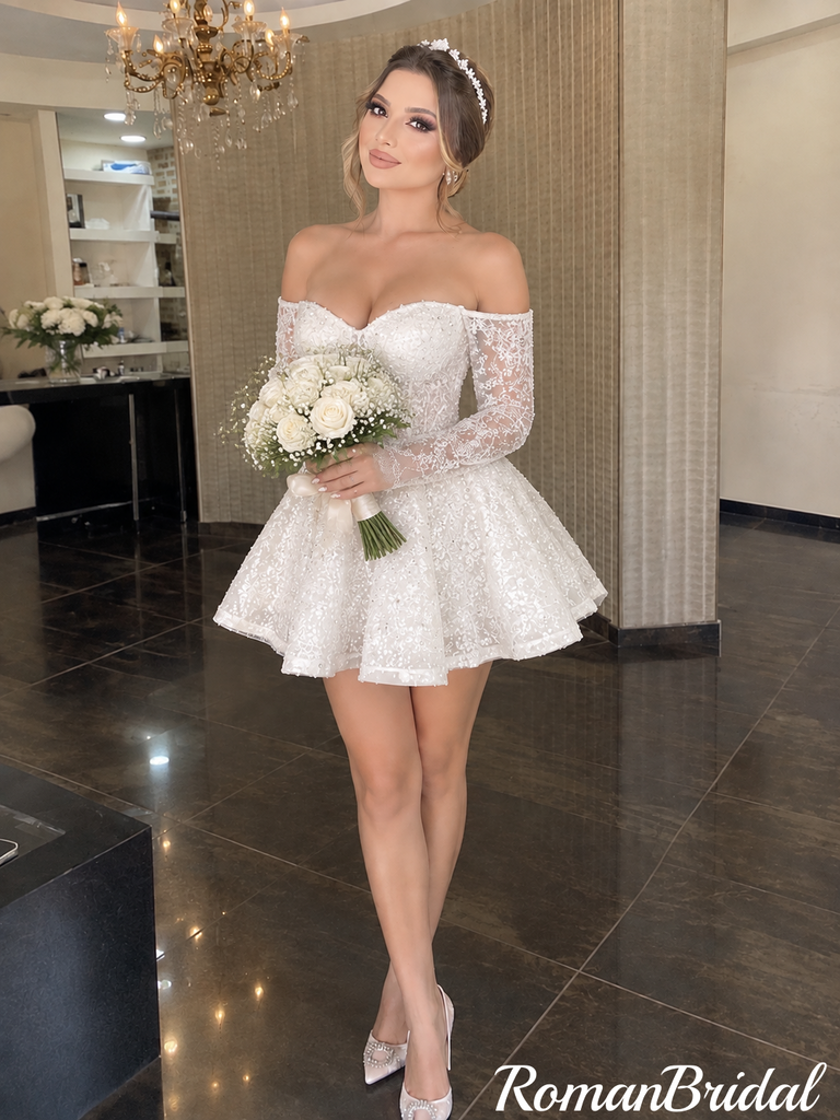 Beautiful Off-The-Shoulder Long Sleeve Lace Short Wedding Dresses,WD0650