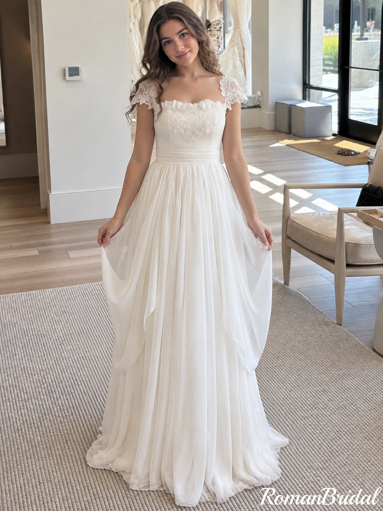 Chic Ivory Lace Cap Sleeves Ruched A Line Chiffon Wedding Dresses,WD0675