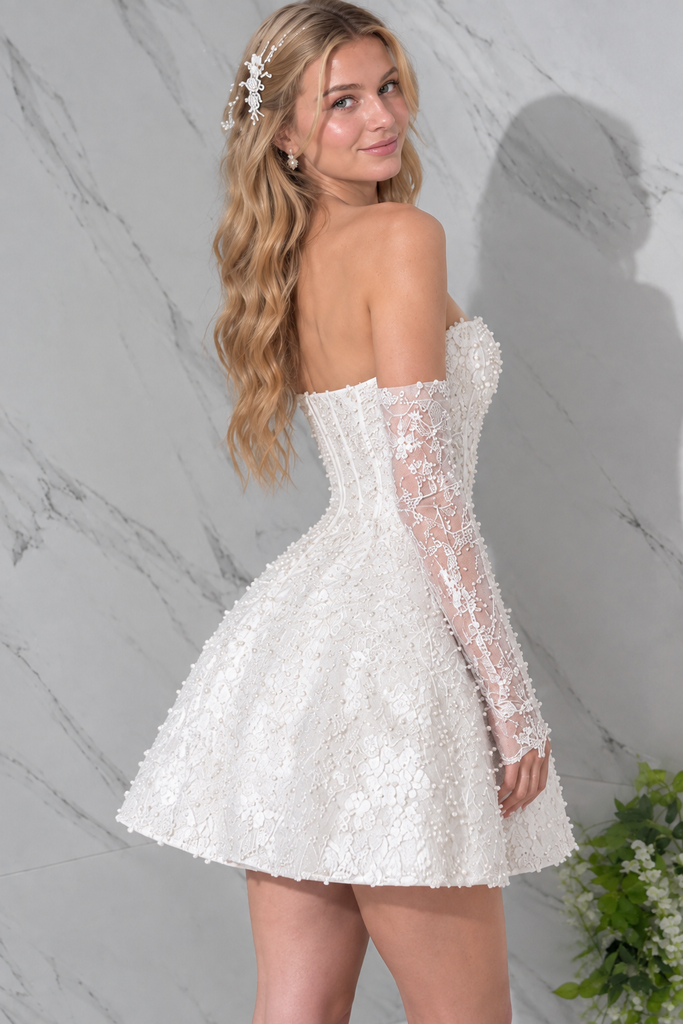 Glamorous Strapless Sleeveless Beaded Mesh Flirty A-Line Short Wedding Dresses,WD0651
