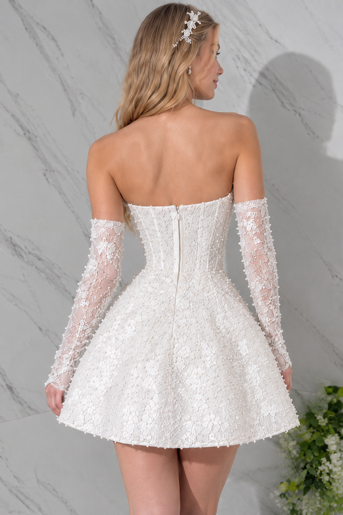 Glamorous Strapless Sleeveless Beaded Mesh Flirty A-Line Short Wedding Dresses,WD0651