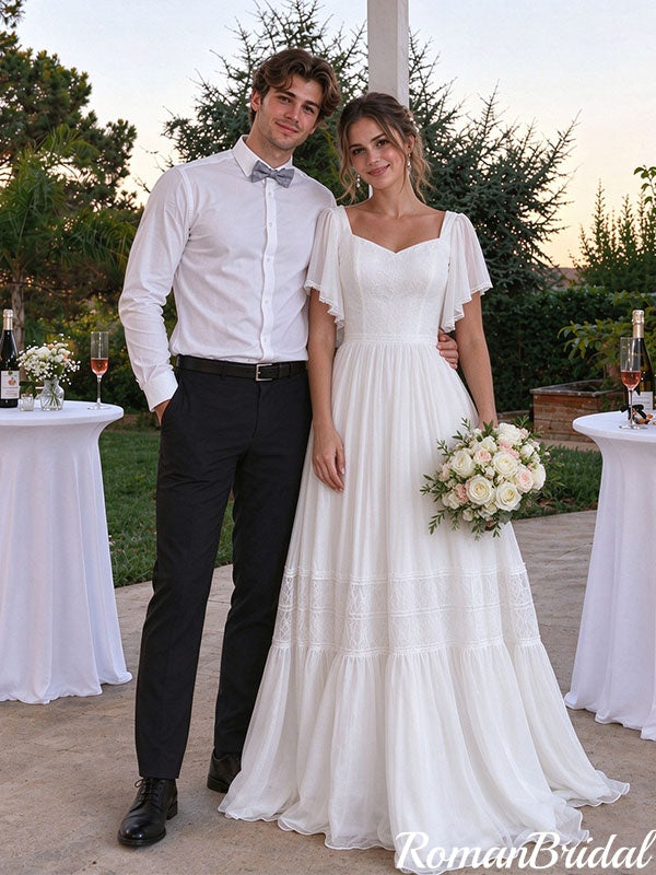 Beautiful Charming Sweetheart Flutter Sleeve Chiffon Wedding Dresses,WD0670