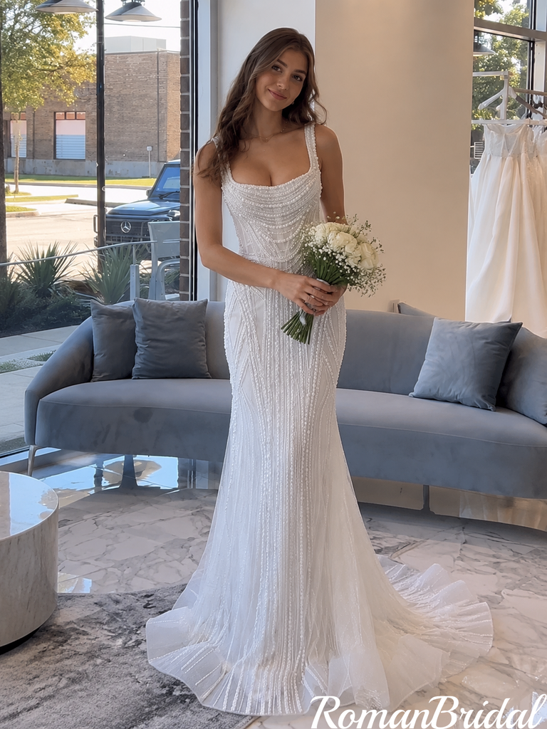 Scoop Neck Sleeveless Floor Length Mermaid Wedding Dresses Beaded Sophisticated,WD0648