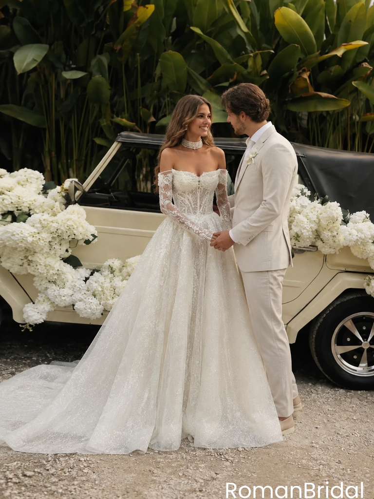 Stunning Off-The-Shoulder Lace Wedding Dresses With Sheer Long Sleeves,WD0635