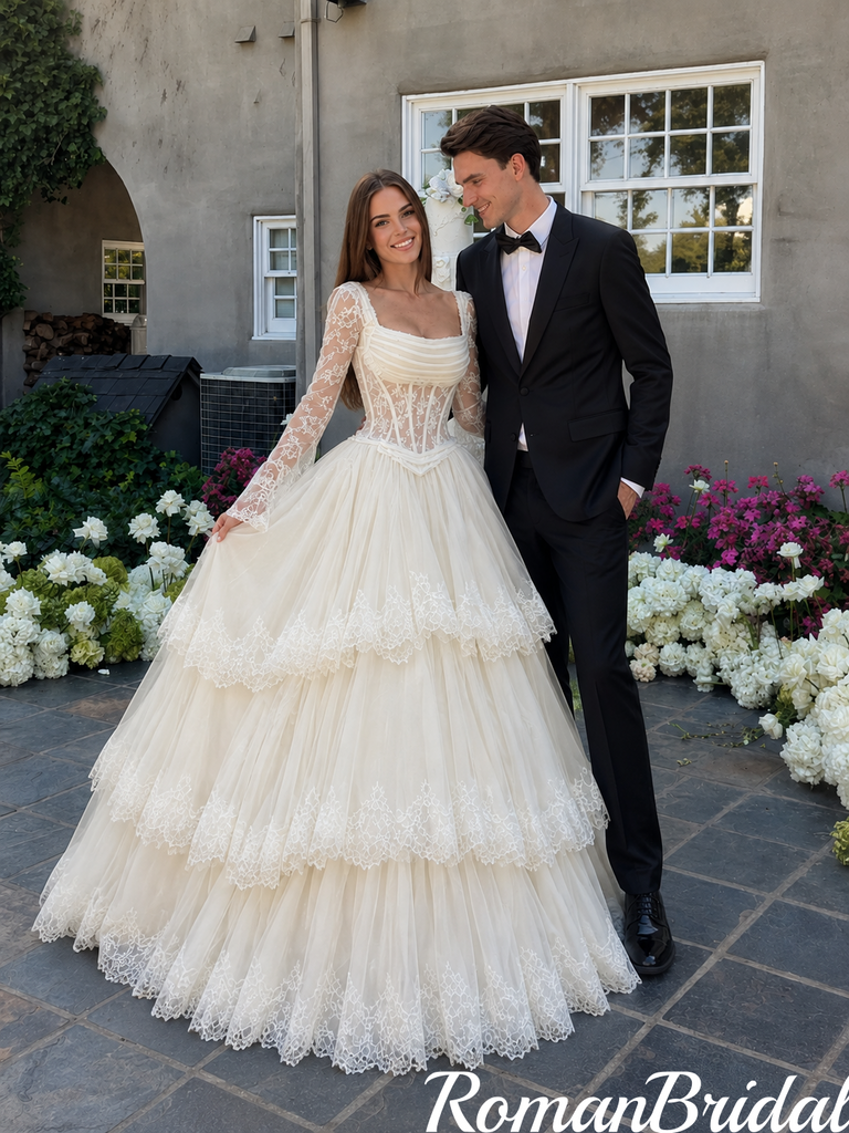 Elegant Square Neck Long Sleeve Ball Gown Floor Length Tiered Lace Wedding Dresses,WD0647