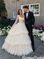 Elegant Square Neck Long Sleeve Ball Gown Floor Length Tiered Lace Wedding Dresses,WD0647