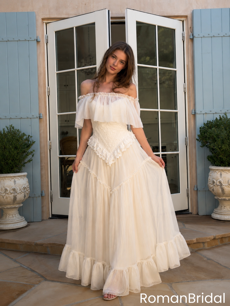 Fancy Off Shoulder Wedding Dresses Romantic Ruffled Tulle Victorian Style Long,WD0636