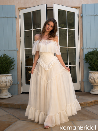 Fancy Off Shoulder Wedding Dresses Romantic Ruffled Tulle Victorian Style Long,WD0636