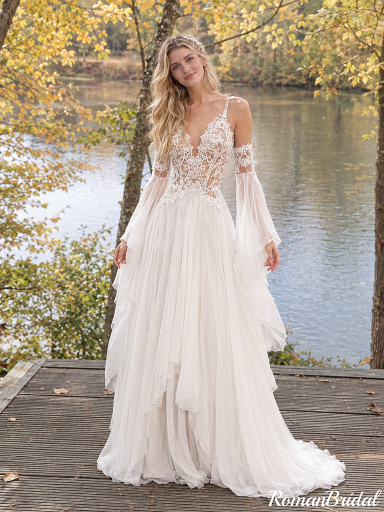 Beautiful Ivory V Neck Long Sleeve Pleated A Line Wedding Dresses,WD0664