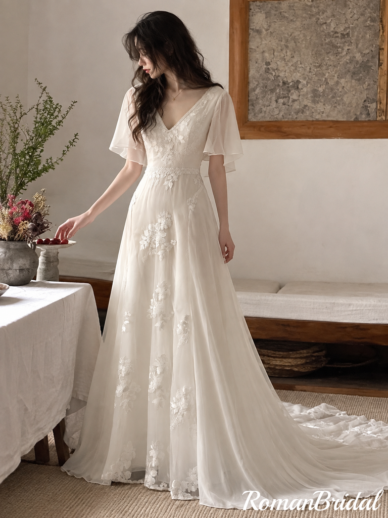 Modern Classy A-Line V-Neck Wedding Dresses Flutter Sleeves Floral Appliques,WD0666