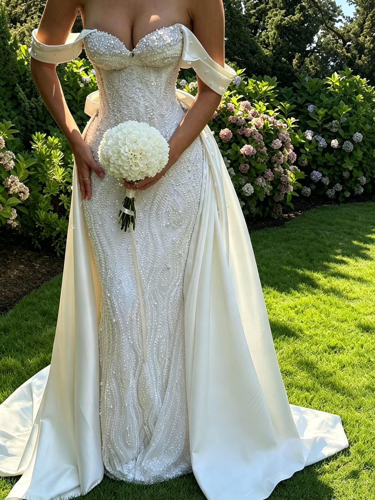 Modern Off Shoulder Beaded Wedding Dresses Fancy Detachable Train Gown,WD0644