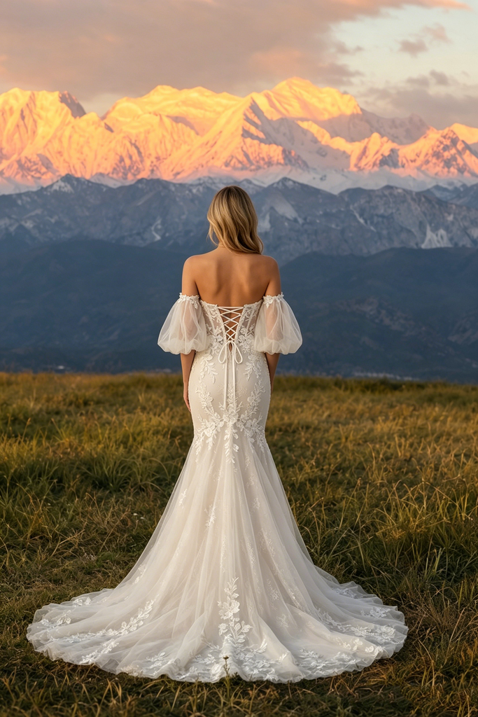 Trumpet Wedding Dresses Detachable Puff Sleeve Sweetheart Applique Tulle Bridal Dress,WD0602
