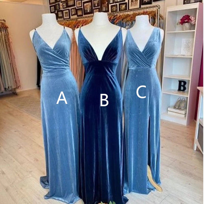 Mismatched V-neck Spaghetti Straps Mermaid Side Slit Velvet Long Bridesmaid Dresses Online, BG751