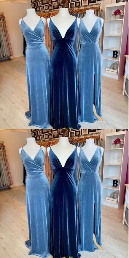 Mismatched V-neck Spaghetti Straps Mermaid Side Slit Velvet Long Bridesmaid Dresses Online, BG751