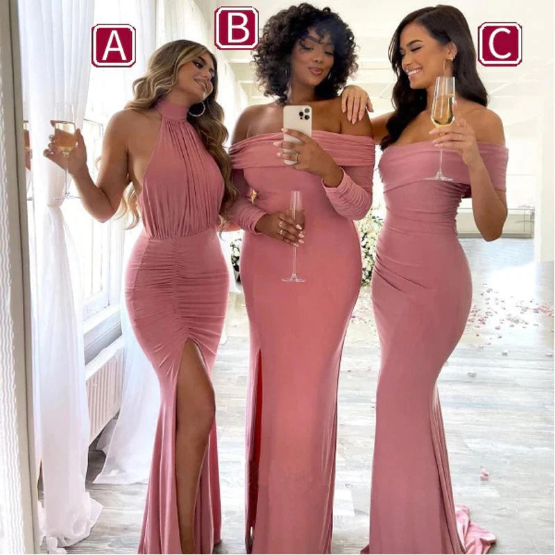 Mismatched Off Shoulder Halter Mermaid Jersey Long Bridesmaid Dresses Online, BG753