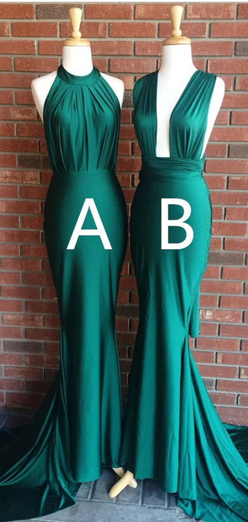 Mismatched Halter Mermaid Emerald Satin Long Bridesmaid Dresses Online, BG754